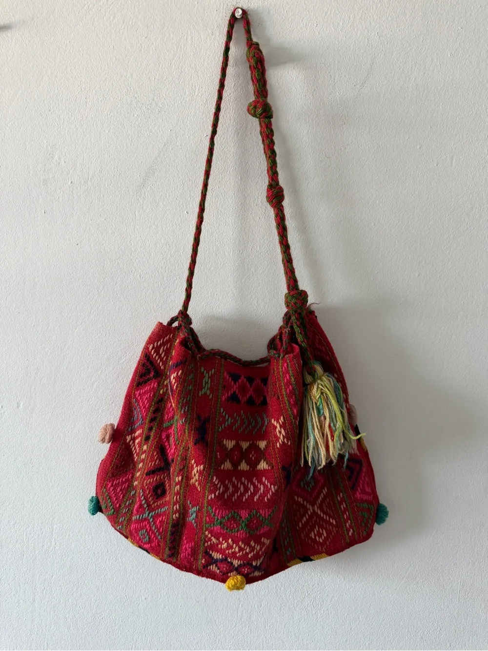 Handwoven Red Shoulder Bag with Multicolor Tassel